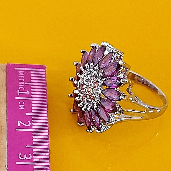 Natural Rhodolite 6x3mm & Sapphire 925 Sterling Silver Sunflower Ring Sz 8 - Picture 8 of 10